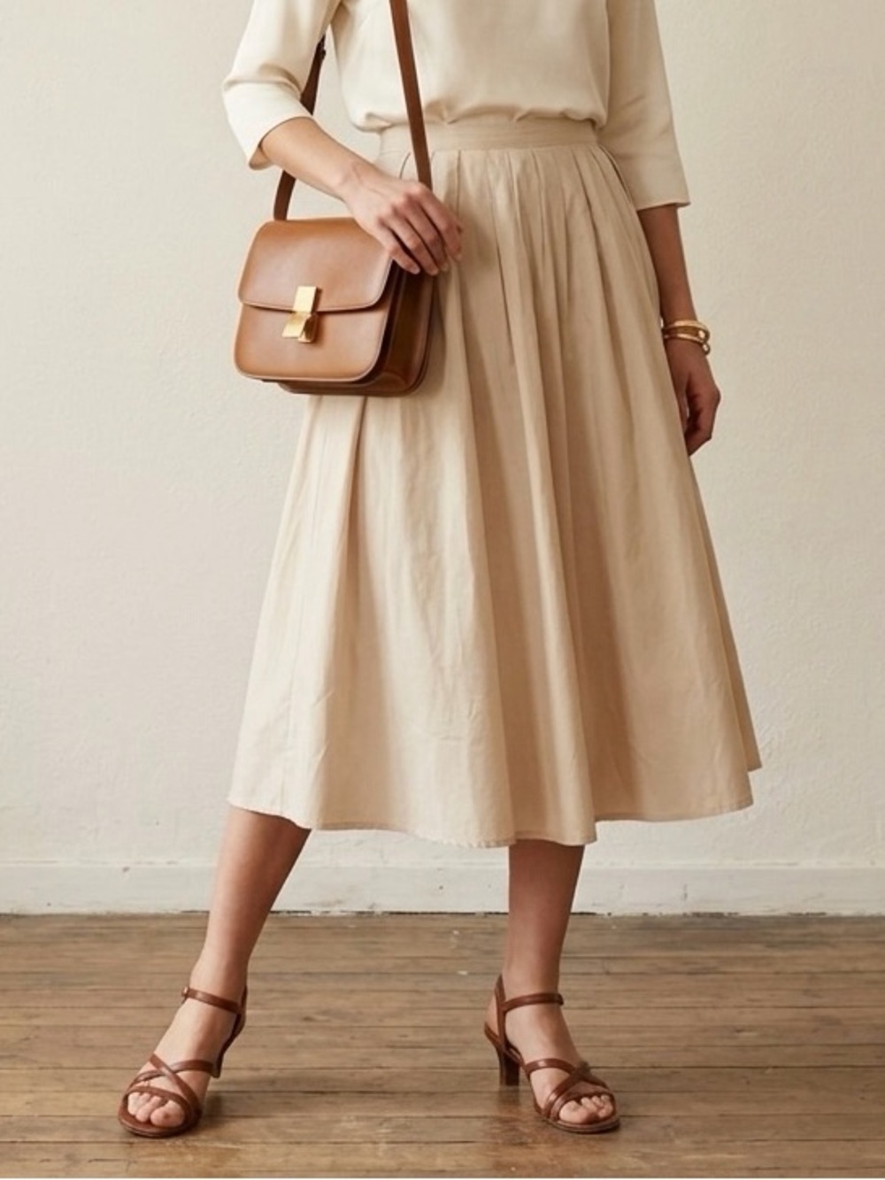 Mango MNG Paula Cotton Poplin Pleated Midi Skirt in Light Beige